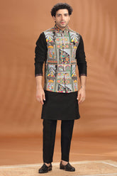 Black Silk Kurta Pajama with Printed Jacket